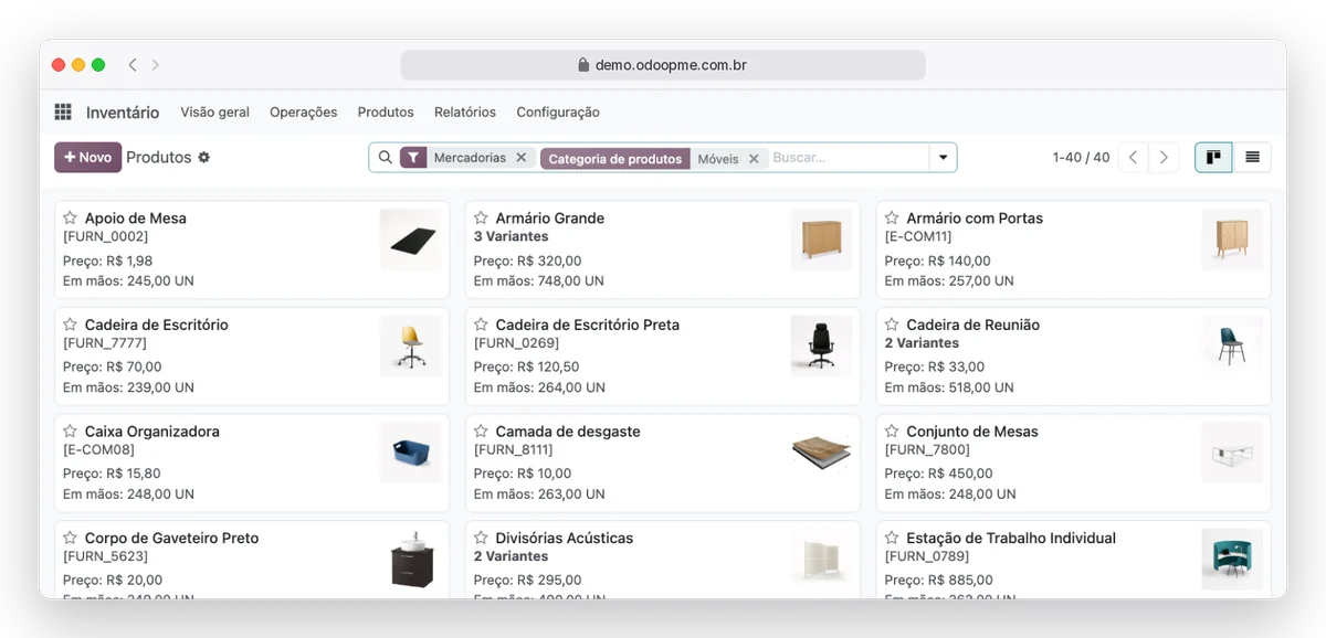 Catálogo de produtos do Odoo365 com preço e quantidade em estoque