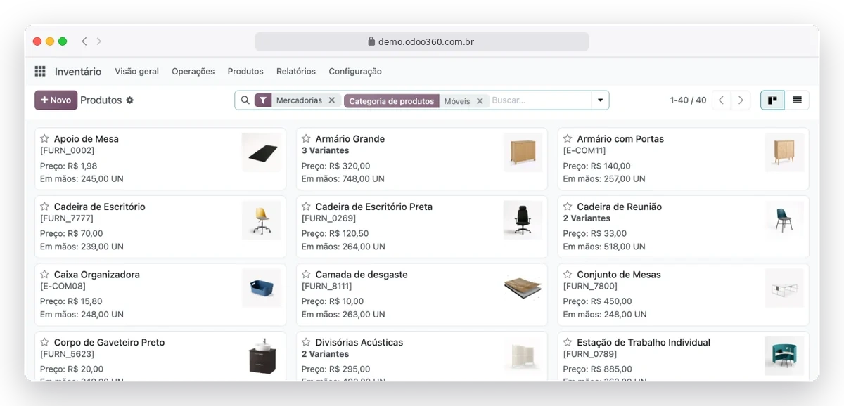 Catálogo de produtos do Odoo365 com preço e quantidade em estoque