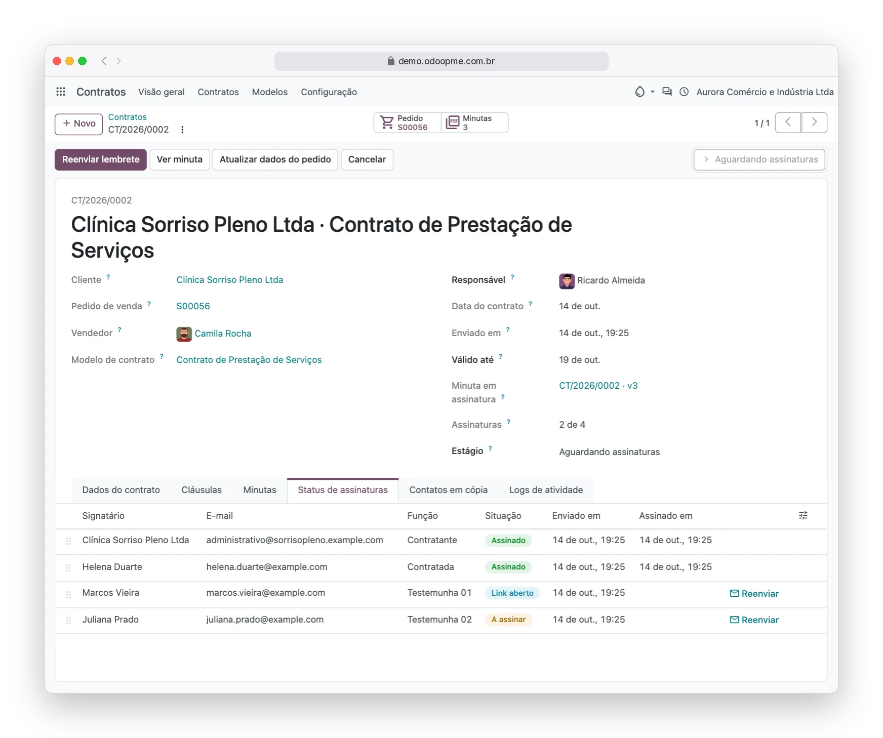 Status de assinaturas do contrato no Odoo365 com signatários assinados, link aberto e a assinar