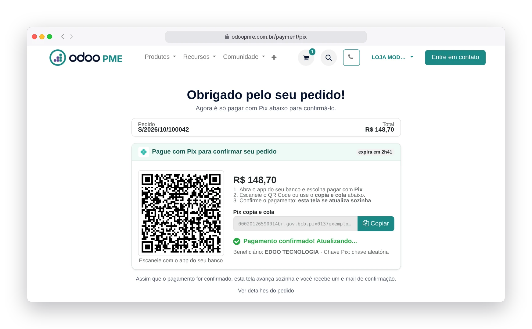 Tela do Pix no Odoo365 com o pagamento confirmado: a página avança sozinha para os próximos passos