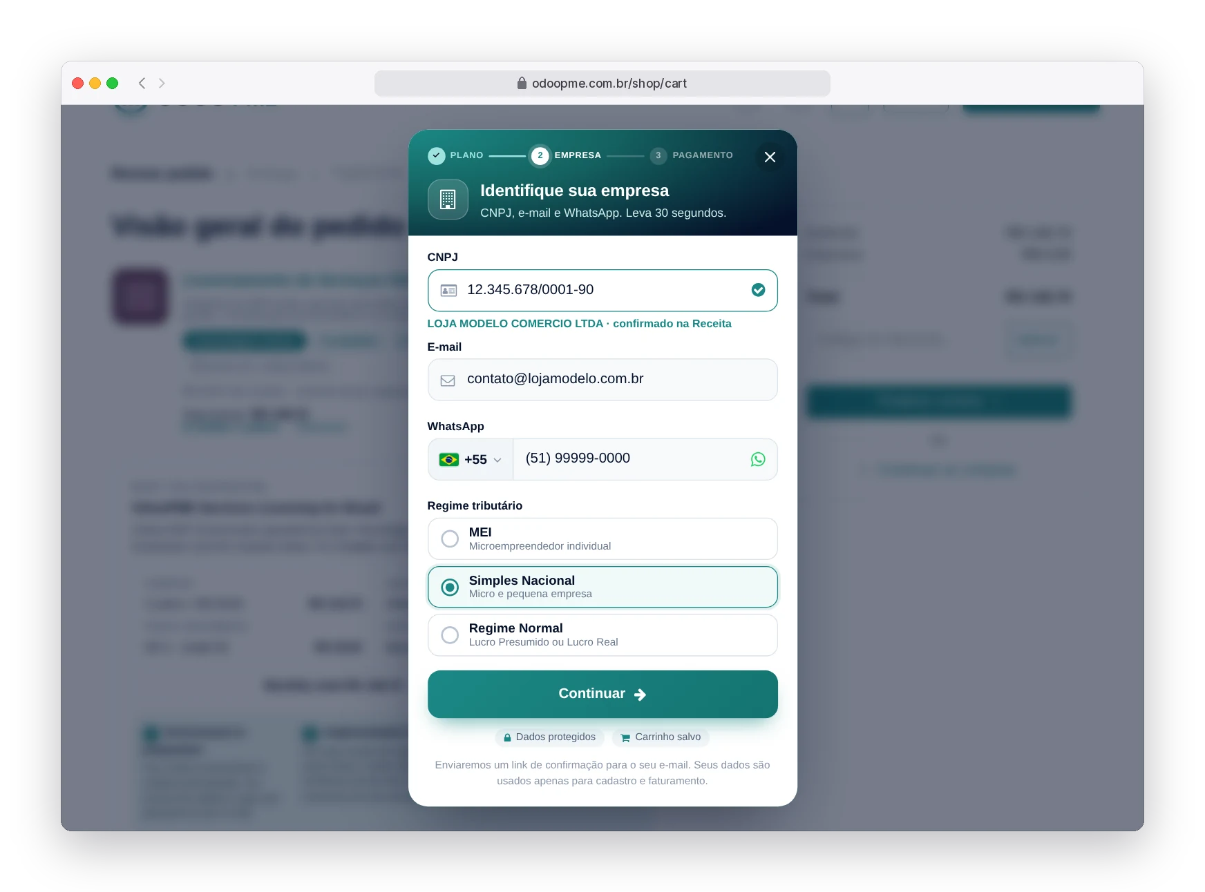 Janela de cadastro rápido do Odoo365 pedindo CNPJ, e-mail e regime tributário com as opções MEI, Simples Nacional e Regime Normal