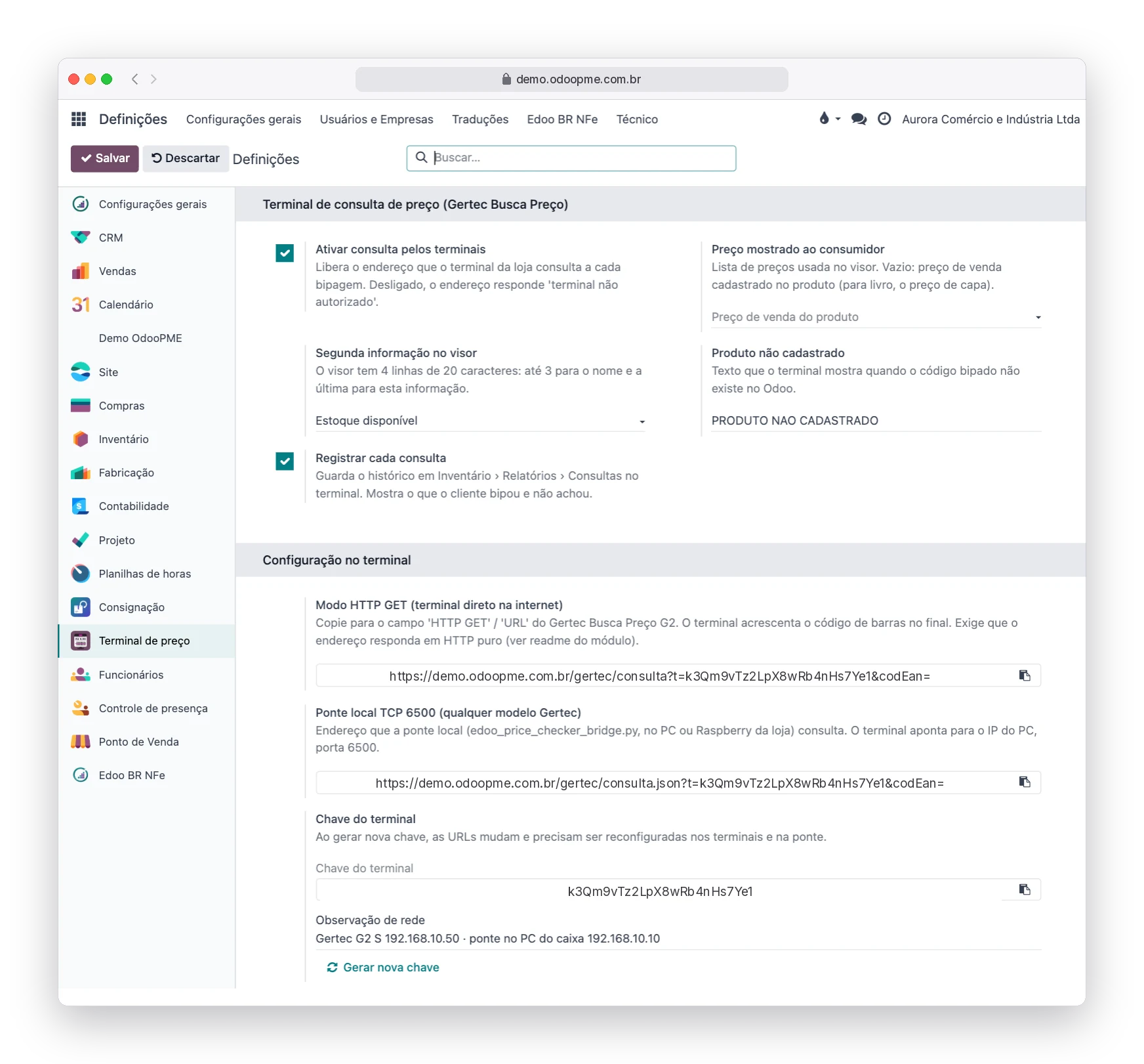 Tela de Definições do Odoo365 com a configuração do terminal de consulta de preço