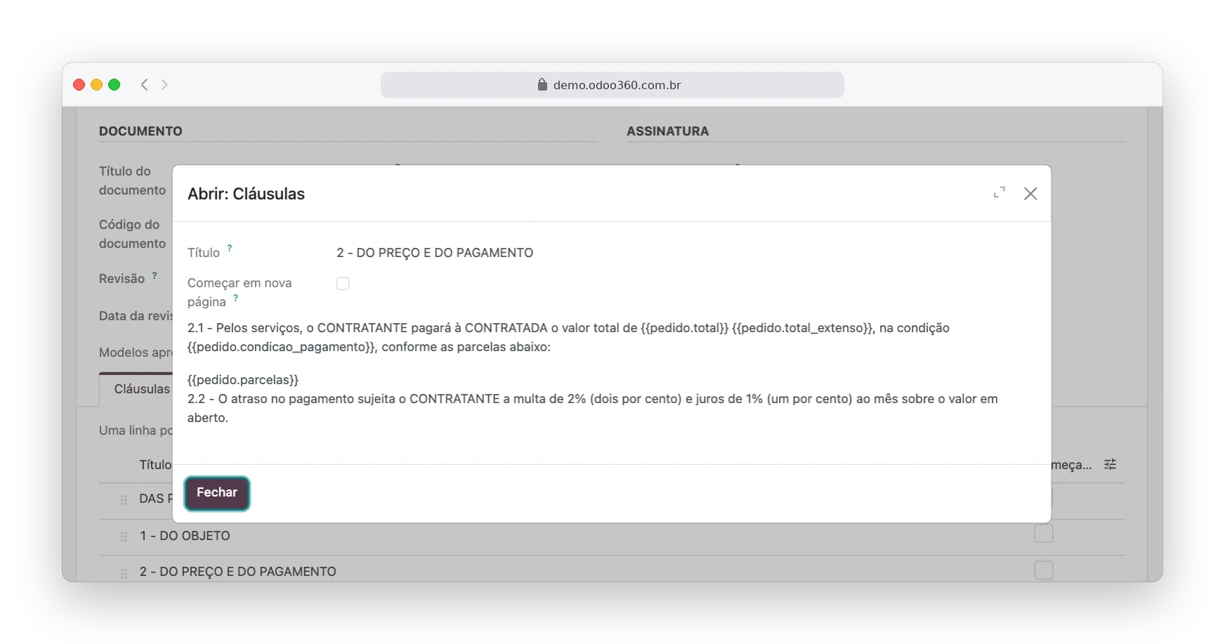 Edição de cláusula do modelo de contrato com campos do pedido, como total, total por extenso e parcelas