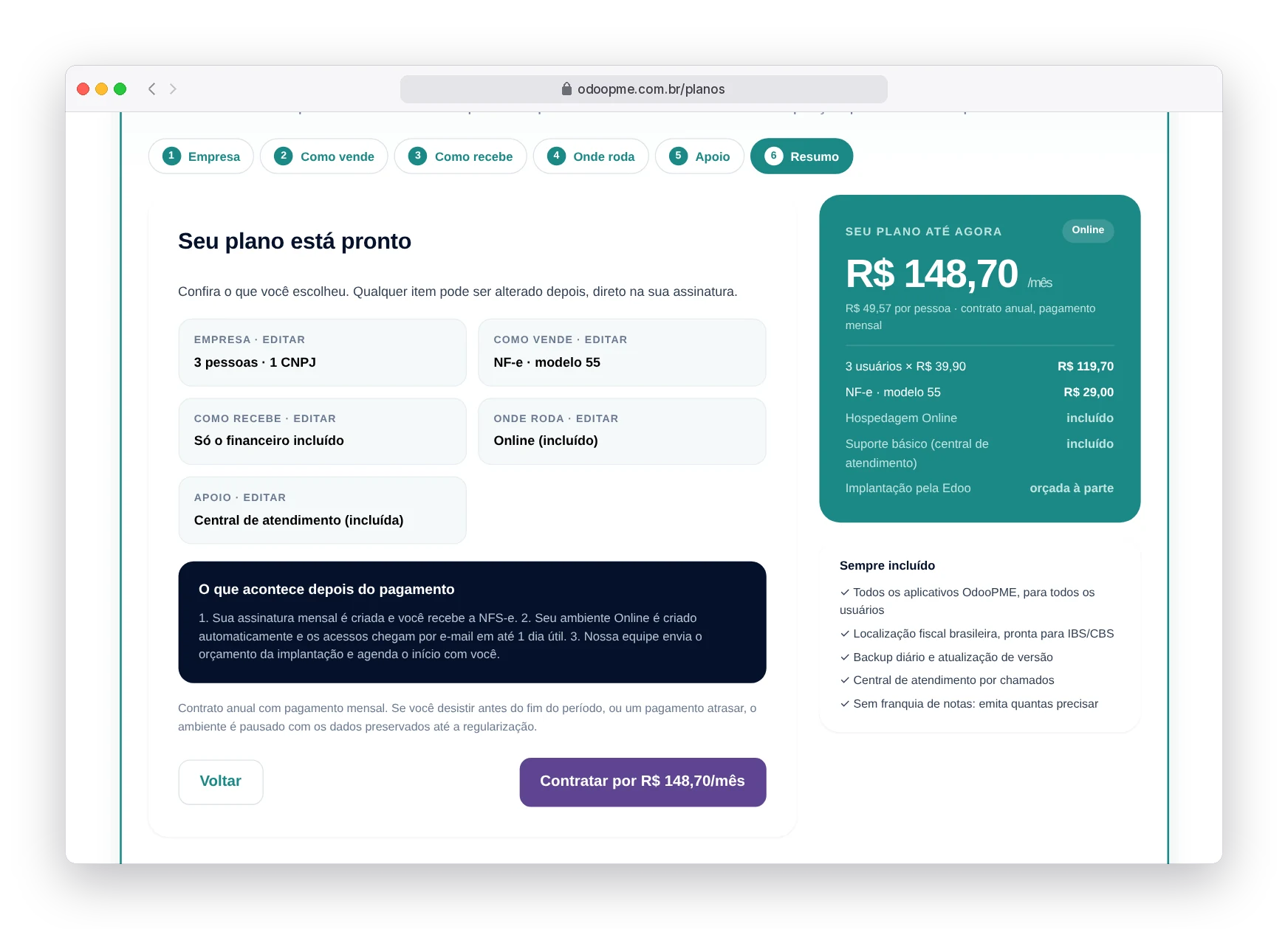 Resumo do simulador: plano de R$ 148,70 por mês com 3 usuários, hospedagem Online e suporte básico