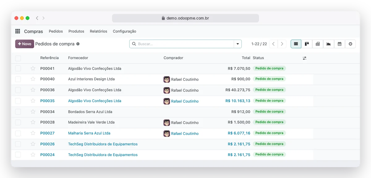 Tela de pedidos de compra do Odoo365 com fornecedores, totais e status