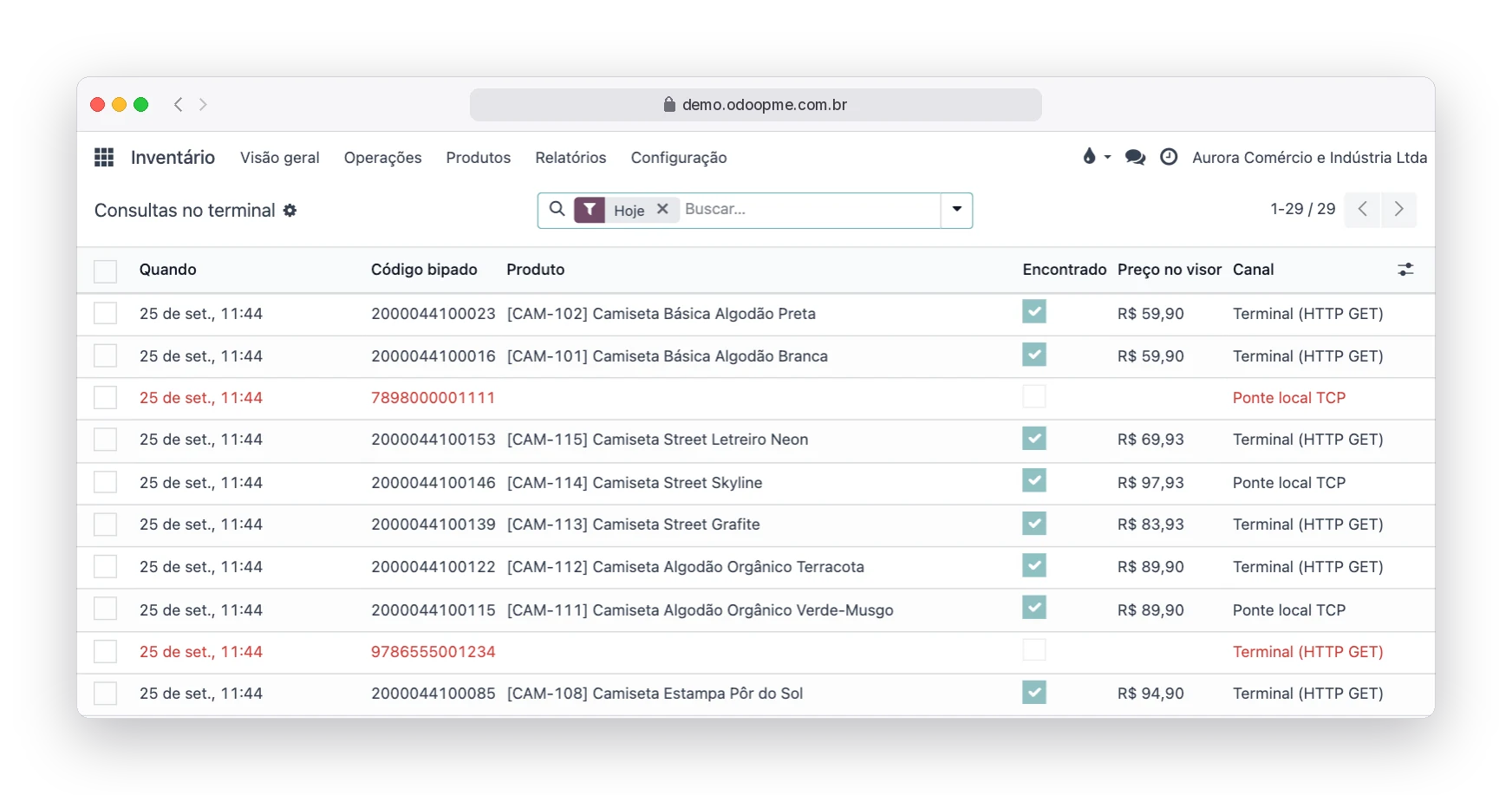 Relatório Consultas no terminal do Odoo365 com as bipagens do dia, preço mostrado e códigos não encontrados