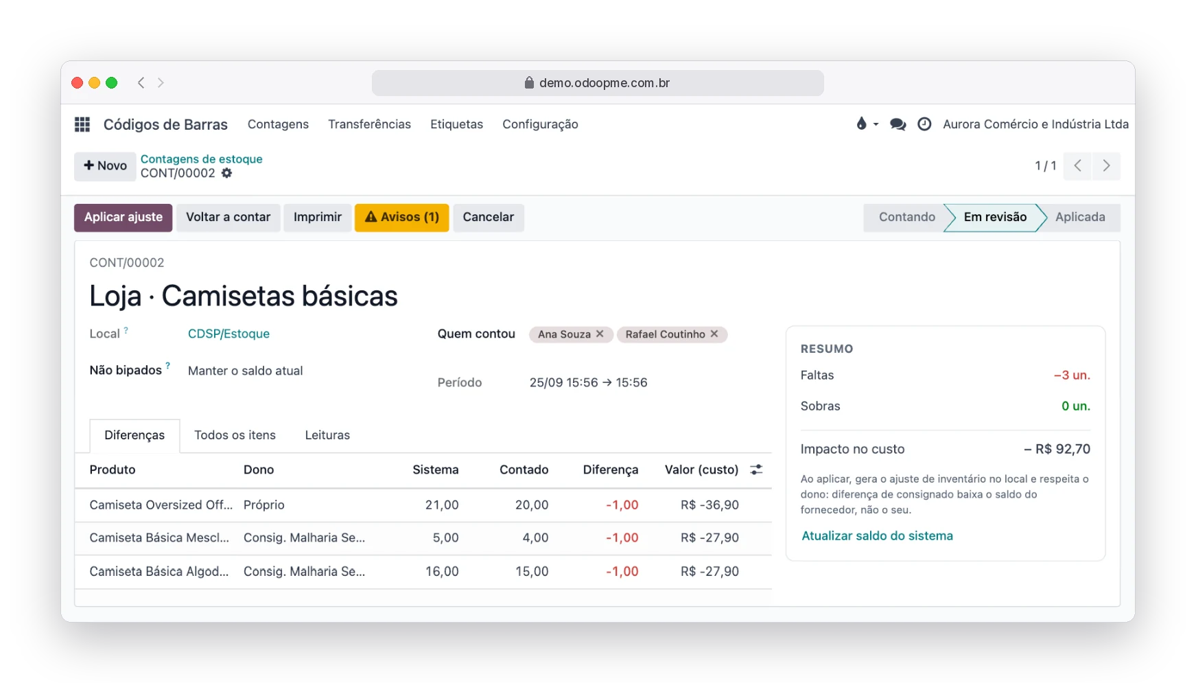 Revisão de uma contagem de estoque no Odoo365 com diferenças por produto, faltas, sobras e impacto no custo
